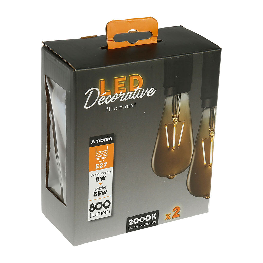 Ampoules LED poire (x2) filament ambrée E27 8W