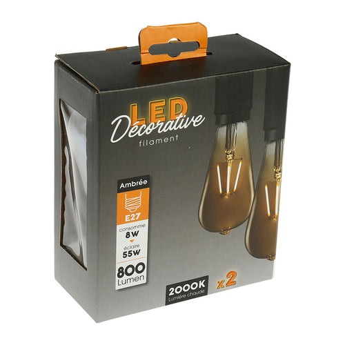 Ampoules LED poire (x2) filament ambrée E27 8W