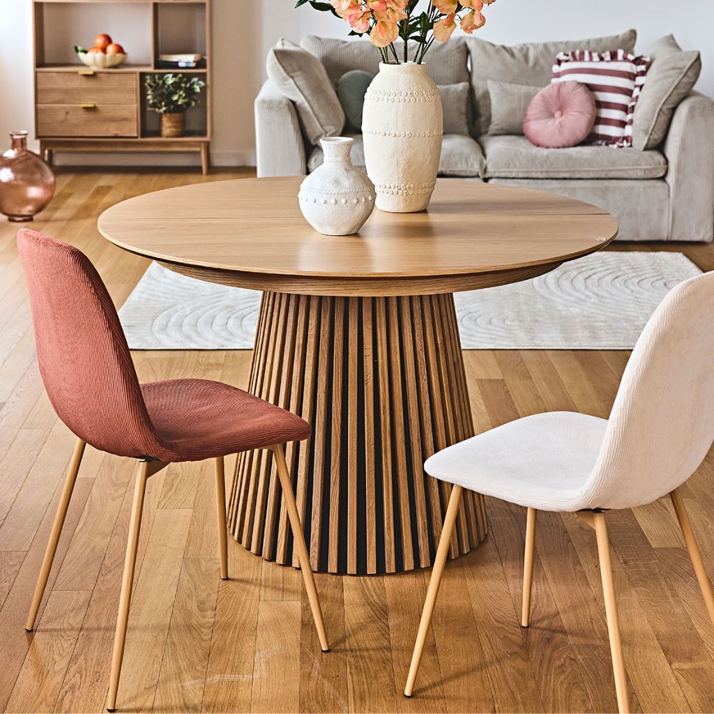 Chaise de salle à manger en velours côtelé terracotta et pieds effet bois - Pauline