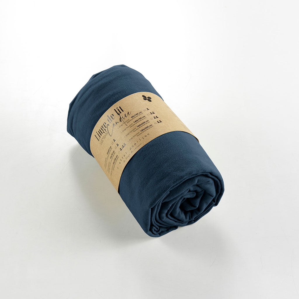 Drap housse en flanelle de coton bleu nuit 160x200cm - Candice