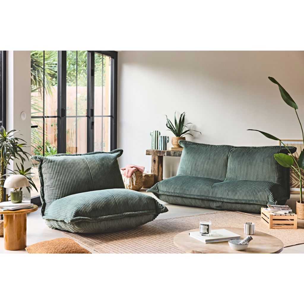 Fauteuil pouf 2 places en velours côtelé vert -  Sola