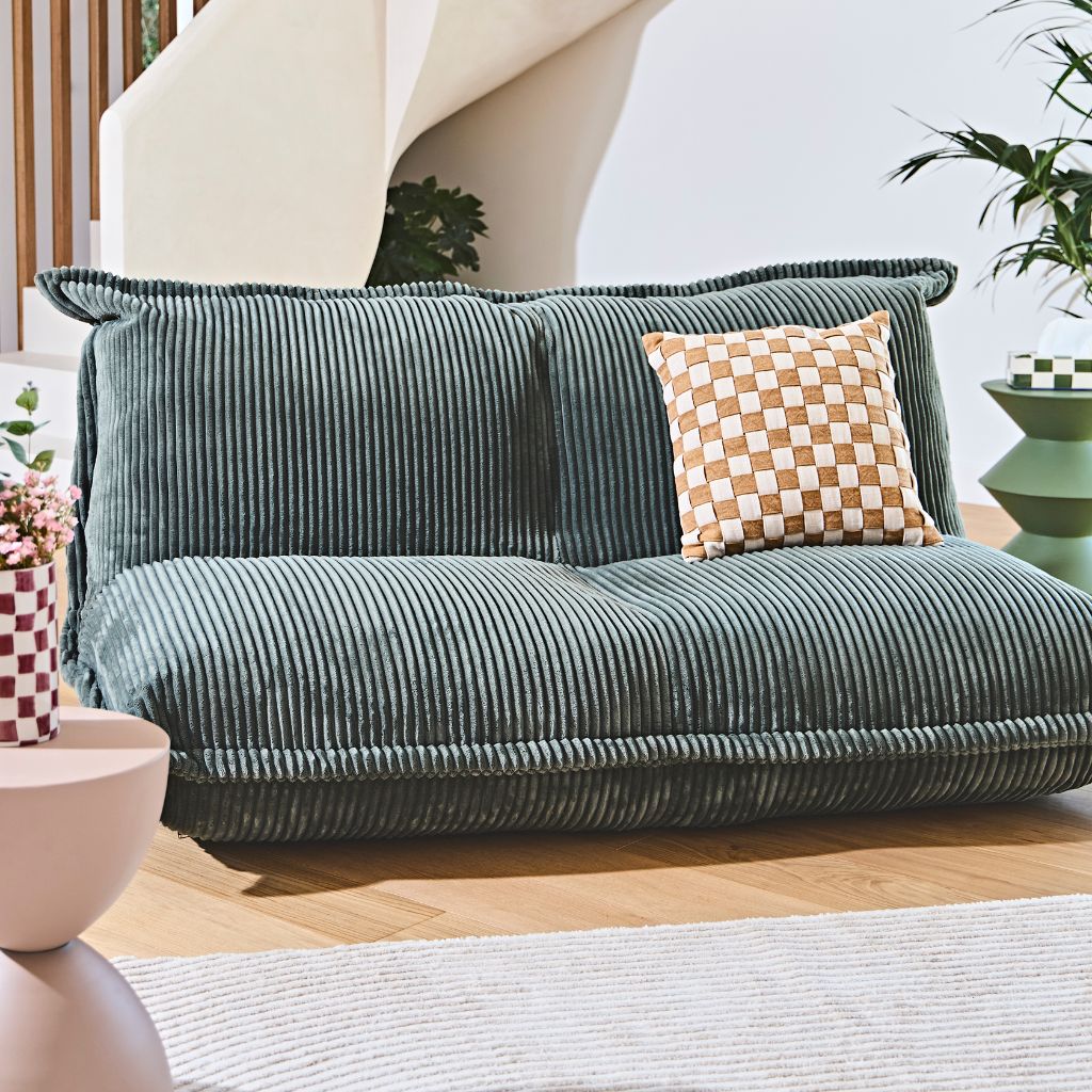 Fauteuil pouf 2 places en velours côtelé vert -  Sola
