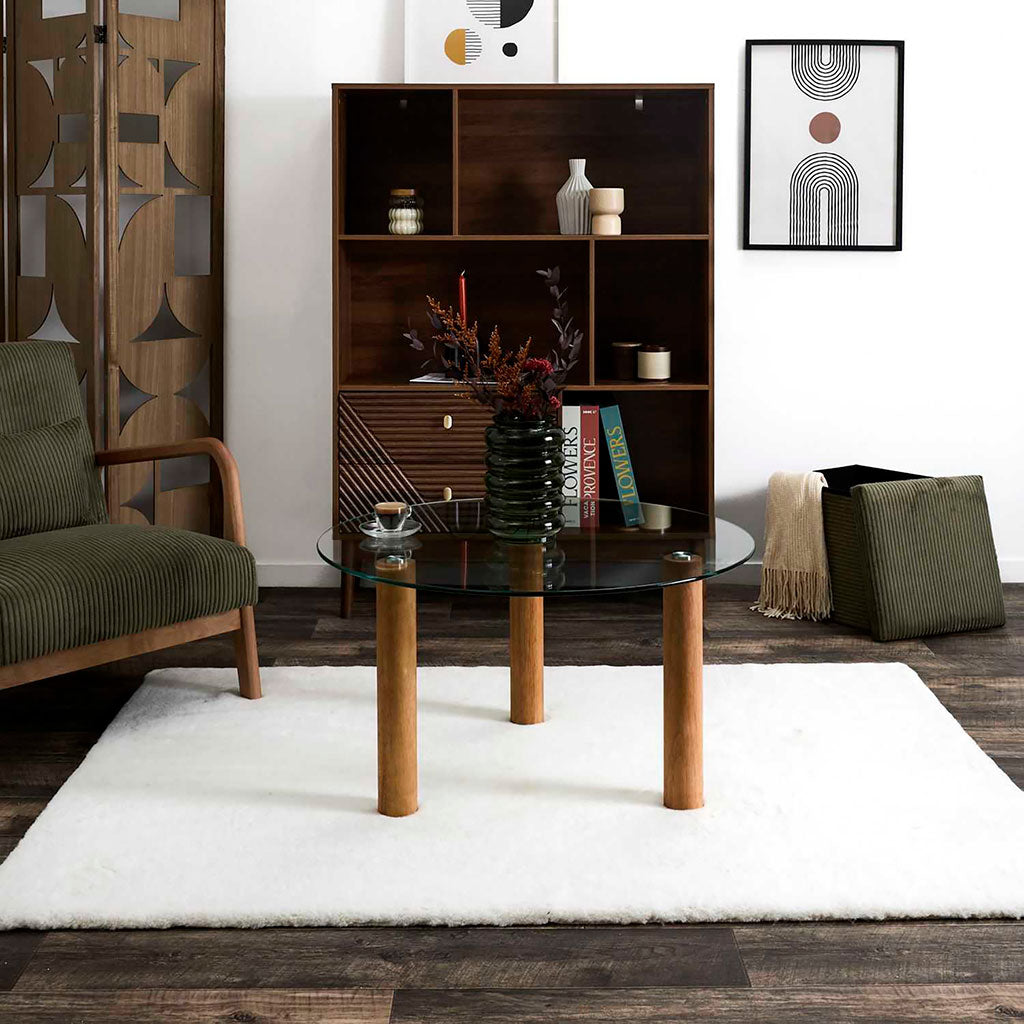 Table basse ronde en verre trempé et hévéa d75cm - Clara